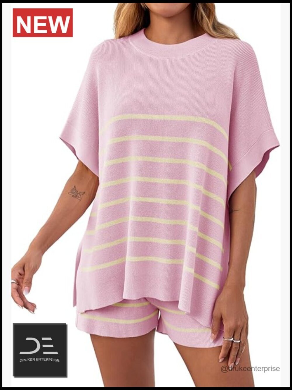 Striped 2 Piece Lounge Set Oversized Batwing Tee High Waisted Shorts Knit